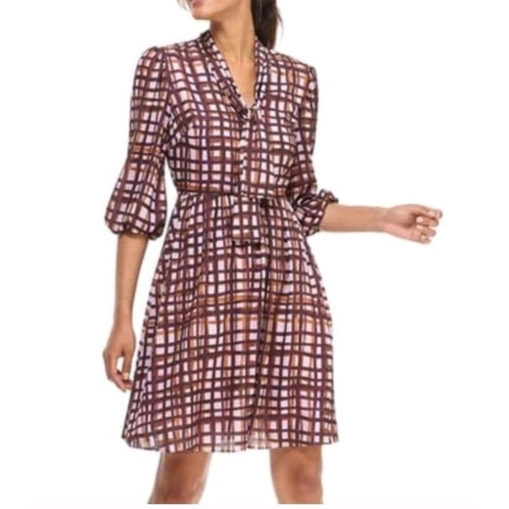Gal Meets Glam Lindsey Windowpane Tie Neck Dress Purple Tan Sz 6 Office